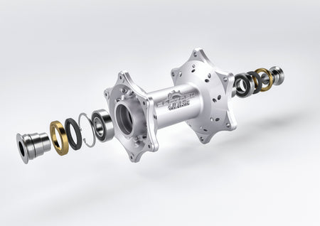 Exploded view of front wheel hub showing bearings and seals.
