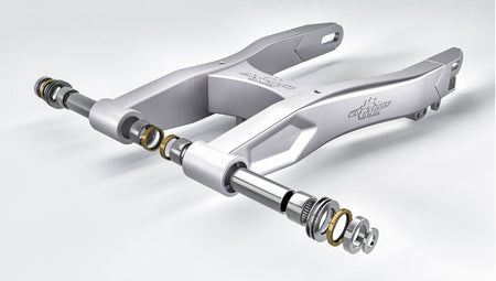 Exploded view of a motorcycle swingarm assembly showing bearings, seals, and other components.