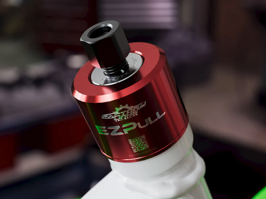 Image of the Steering Stem tool fully seated within the steering assembly in a motorcycle frame.
