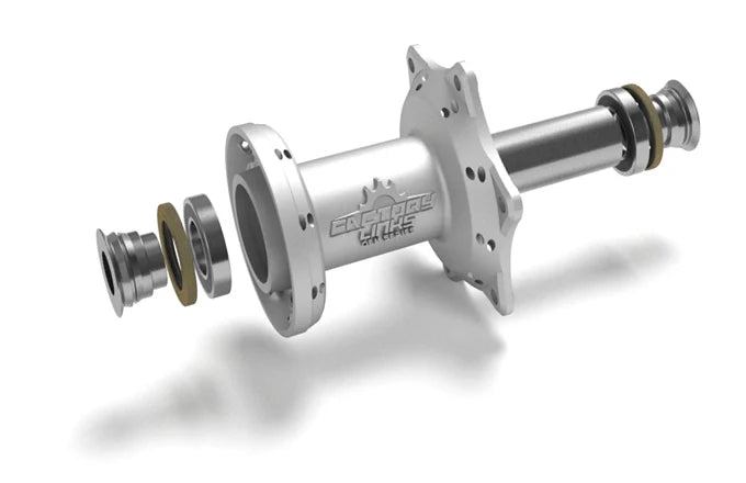 Exploded view of motorcycle front wheel hub assembly with bearings and seals installed.