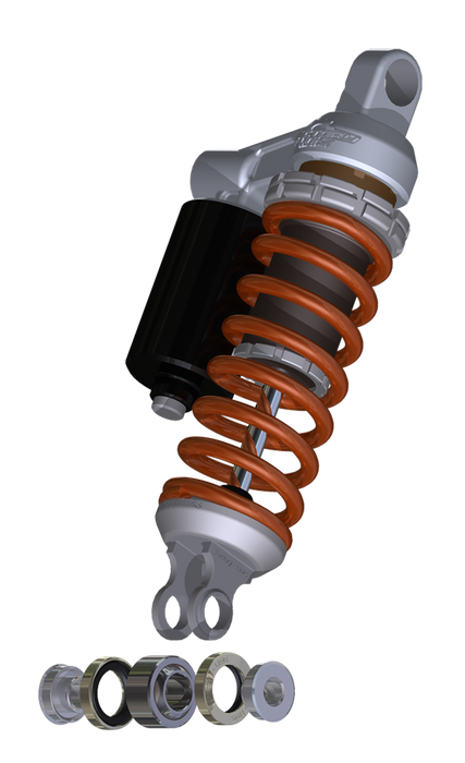 Image of a 3-D rendering of a rear shock with Factory Links lower rebuild kit components.